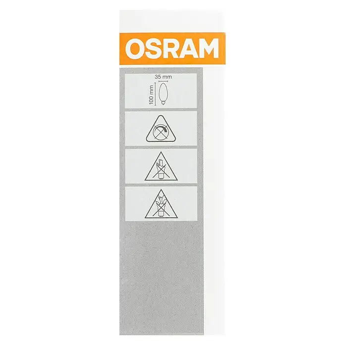 Osram Retrofit LED-Lampen Set Classic B - E14, Nicht Dimmbar, Warmweiß, 470 lm, 4 W, 5 Stk. - OSRAM Produktverpackung mit Informationen zu den Abmessungen und Warnhinweisen für die sichere Verwendung der Glühbirne.