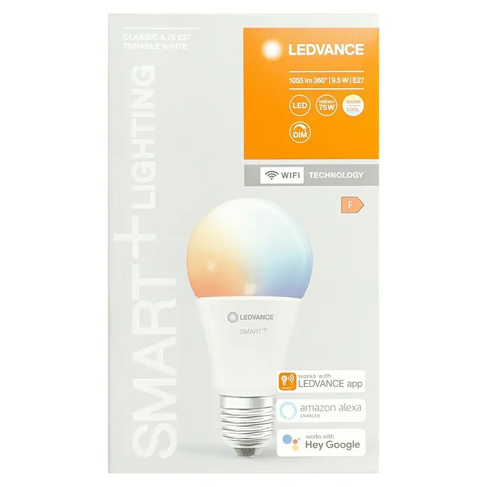 Ledvance Smart+ WiFi Smart-LED-Lampe Classic - E27, Neutralweiß, 1.055 lm, 9,5 W, Farbtemperatur einstellbar: Stufen - Eine LEDVANCE Smart+ Classic A 75 E27 Lampe mit tunable white Funktion, steuerbar per App, Alexa und Google Assistant.