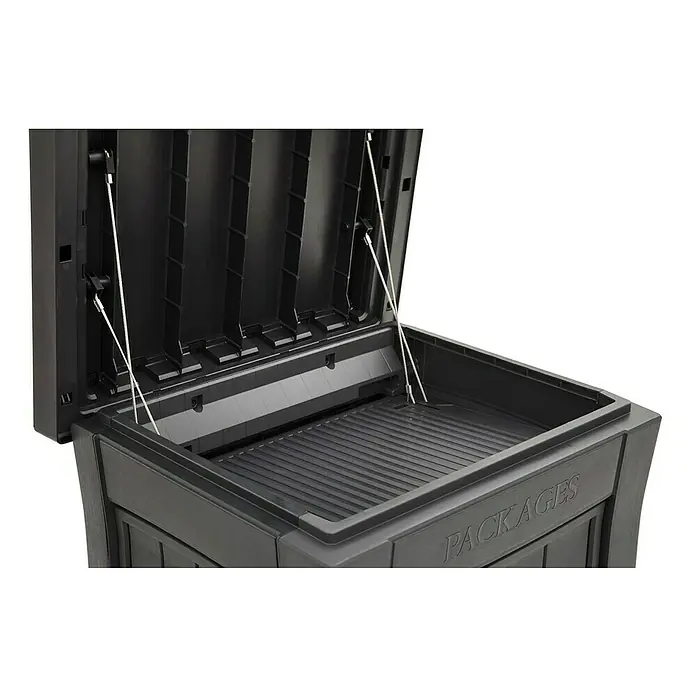 Keter Garten-Aufbewahrungsbox Paketbox ParcelDropBox - 62,1 x 62,1 x 112 cm, Grau - Eine offene, schwarze Paketbox mit dem Schriftzug "PACKAGES" darauf. Die Box bietet sichere Aufbewahrung für wichtige Lieferungen.