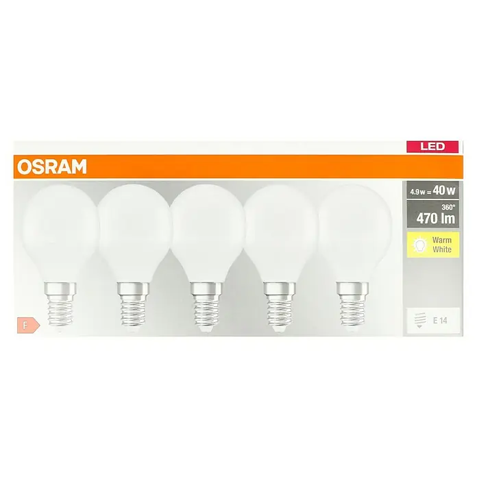 Osram LED-Lampen Set Tropfenform E14 matt - E14, Nicht Dimmbar, Warmweiß, 470 lm, 5,7 W - Abbildung einer Osram LED-Lampe mit 4,9W Leistung, die 40W entspricht und warmweißes Licht mit 470 lm erzeugt.