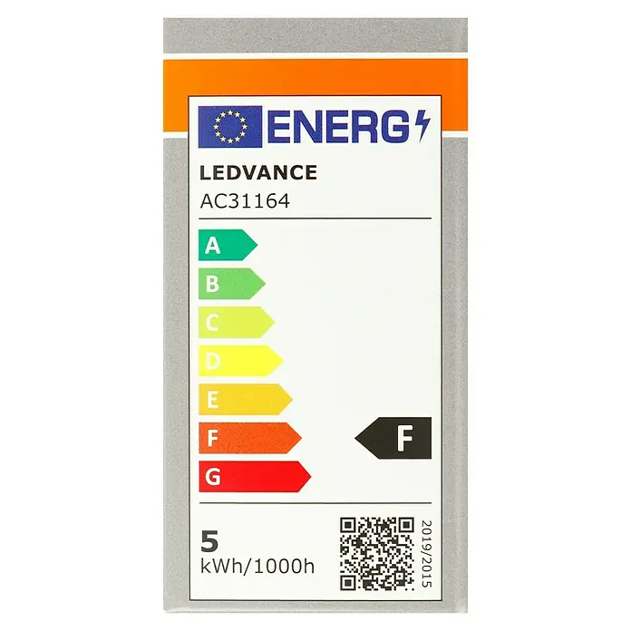 Osram LED-Lampen Set Tropfenform E14 matt - E14, Nicht Dimmbar, Warmweiß, 470 lm, 5,7 W - Energieetikett für LEDVANCE AC31164 Lampe, mit Energieeffizienzklasse F und einem Verbrauch von 5 kWh pro 1000 Stunden.