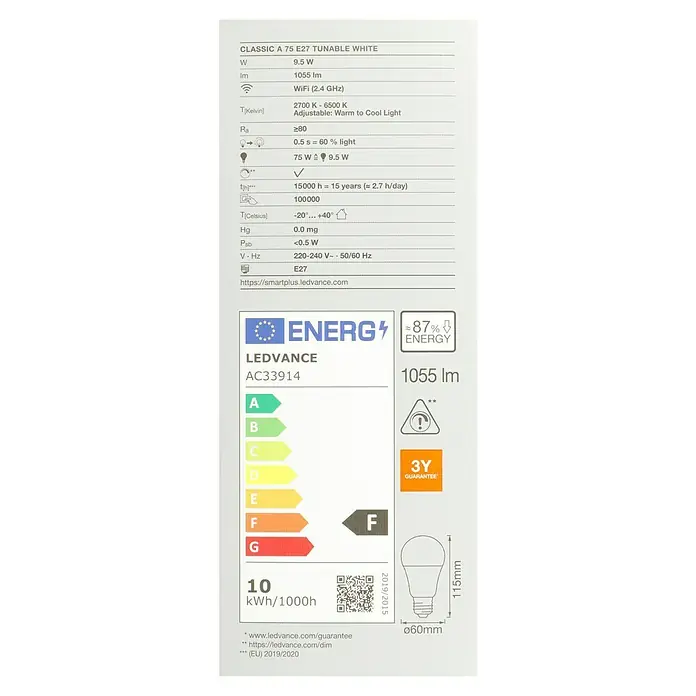 Ledvance Smart+ WiFi Smart-LED-Lampe Classic - E27, Neutralweiß, 1.055 lm, 9,5 W, Farbtemperatur einstellbar: Stufen - Produktbild einer LEDVANCE Classic A 75 E27 LED-Lampe mit den Energieeffizienzdaten und technischen Details.