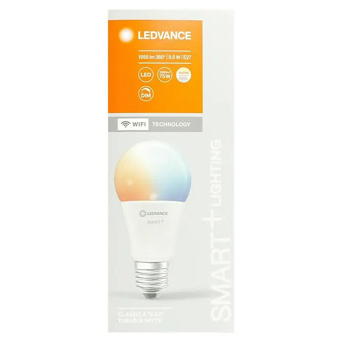 Ledvance Smart+ WiFi Smart-LED-Lampe Classic - E27, Neutralweiß, 1.055 lm, 9,5 W, Farbtemperatur einstellbar: Stufen - LEDVANCE SMART+ Leuchtmittel: 1055 Lumen, 360°, 9,5W, E27, dimmbar, warm/kalt weiss, WiFi Technologie. Für smarte Beleuchtungslösungen.