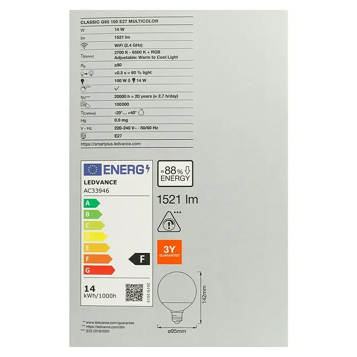 Osram Smart+ LED-Lampe - E27, Dimmbar, Warmweiß, 1.521 lm, 14 W - Energieetikett einer LEDVANCE CLASSIC G95 100 E27 Multicolor Lampe mit 14W, 1521lm, WiFi, warmweissem bis kaltweissem Licht und Energieeffizienzklasse F.