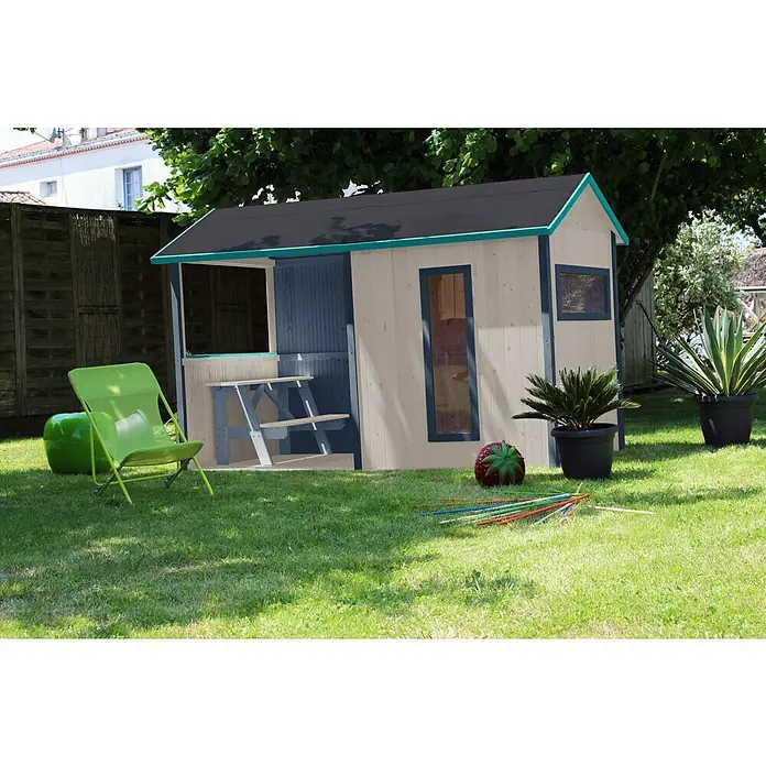 Soulet Spielhaus Jazz - L x B x H: 242 x 143 x 160 cm, Holz - Eine moderne Kinderspielhütte mit blauen Akzenten und einem Picknicktisch auf einem grünen Rasen, perfekt für Outdoor-Spaß und kreatives Spielen.