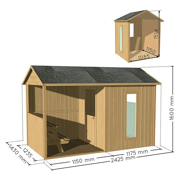 Soulet Spielhaus Jazz - L x B x H: 242 x 143 x 160 cm, Holz - Abbildung einer Holzgartenhütte mit Maßangaben zu Höhe, Breite und Tiefe, inklusive einer Schemazeichnung des Innenraums.