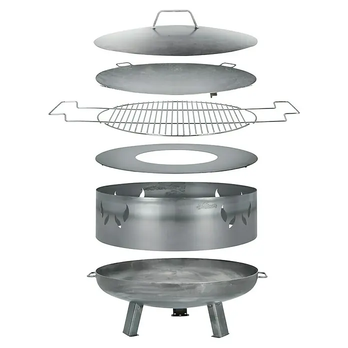 Buschbeck Plancha para barbacoa - Acero, Específico para: Brasero de 60 cm de diámetro - Vista explosionada de una parrilla redonda para fogata con varios accesorios, incluyendo una tapa y rejilla para cocinar.