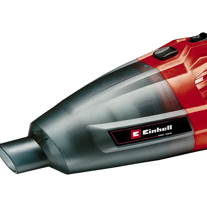 Einhell PXC 18V Aspirador de mano de batería TE-VC 18 Li-Solo - 18 V, Sin batería - Primer plano de la aspiradora de mano inalámbrica Einhell con cuerpo rojo y boquilla gris, ideal para limpieza rápida.