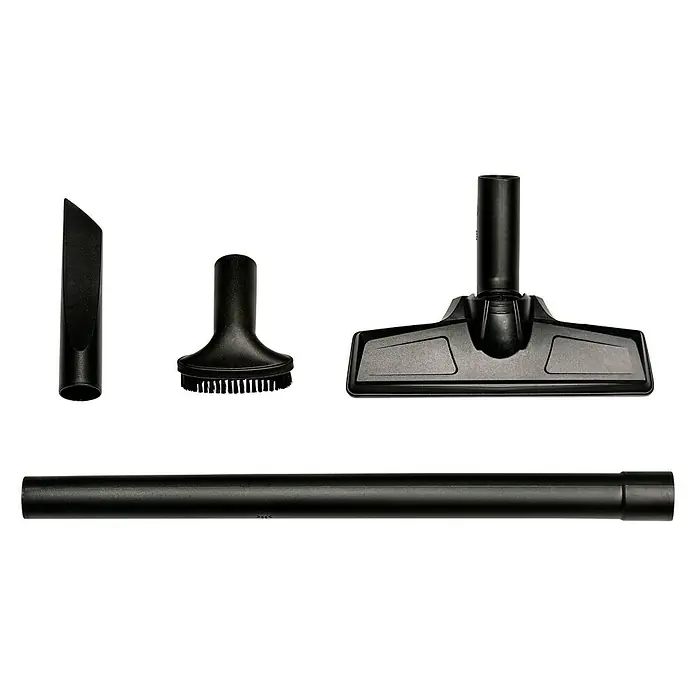 Einhell PXC 18V Aspirador de mano de batería TE-VC 18 Li-Solo - 18 V, Sin batería - La imagen muestra un conjunto de accesorios para aspiradora, incluyendo boquilla, cepillo y tubo de extensión, todo en negro para limpieza eficiente.
