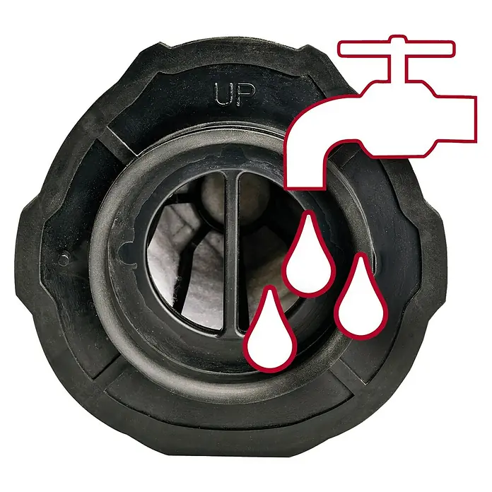 Einhell PXC 18V Aspirador de mano de batería TE-VC 18 Li-Solo - 18 V, Sin batería - Un filtro negro lavable con un símbolo de grifo y gotas de agua, destacando su capacidad de limpieza.