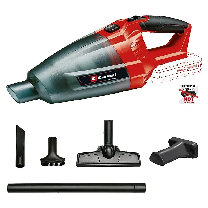 Einhell PXC 18V Aspirador de mano de batería TE-VC 18 Li-Solo - 18 V, Sin batería - Imagen de una aspiradora de mano inalámbrica Einhell con varios accesorios. El dispositivo es rojo y gris y se suministra sin batería.