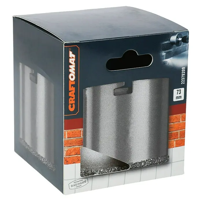 Craftomat Lochsäge - Durchmesser Bohrer: 73 mm - Eine quadratische Verpackung für eine 73mm Diamantbohrkrone der Marke Craftomat, ideal für präzise Bohrungen in harten Materialien.