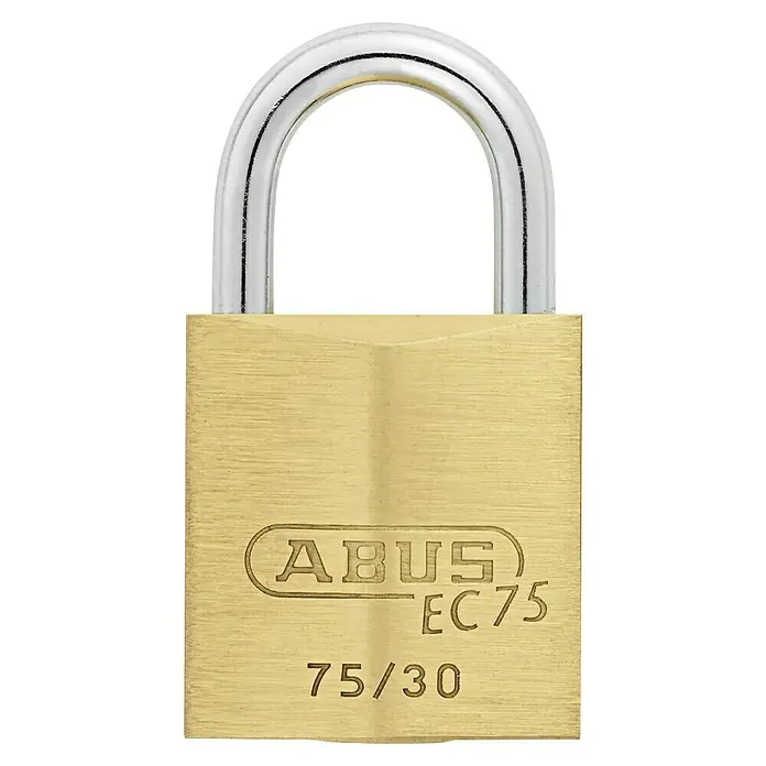 Abus Vorhängeschloss Lock-Tag 75/30 - B x H: 30 x 54 mm, Bügelstärke: 5 mm, Sicherheitsstufe: 5 - Nahaufnahme eines ABUS EC75 Messingvorhängeschlosses mit verchromtem Bügel.