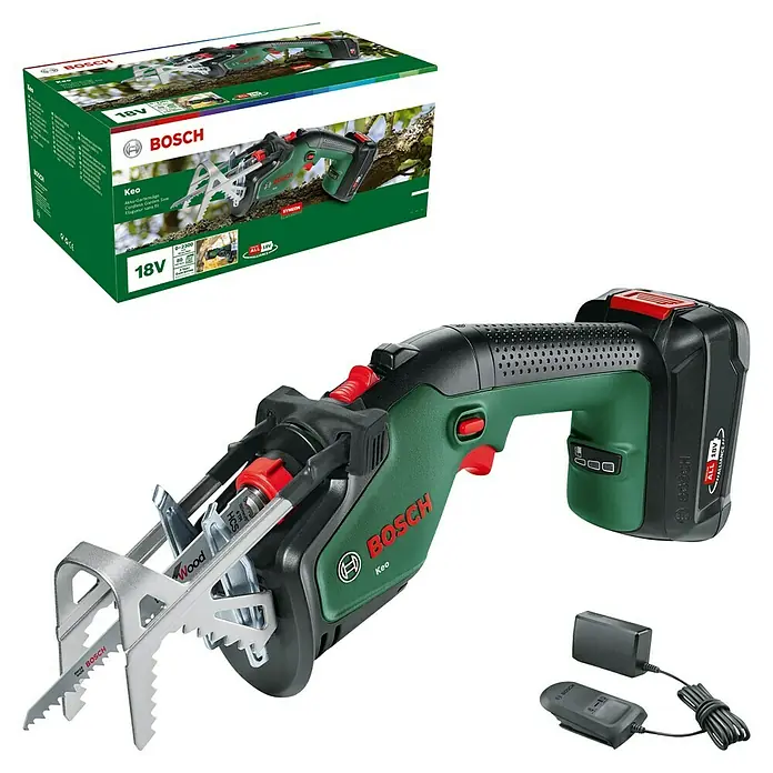 Bosch Power for All 18V Gartensäge Keo - 18 V, Li-Ionen, 1 Akku - Akkubetriebene Gartensäge Keo von Bosch mit Akku, Ladegerät und Karton. Ideal zum einfachen und schnellen Schneiden von Ästen und Zweigen.
