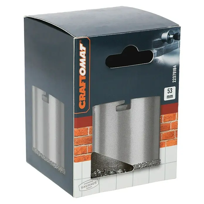 Craftomat Lochsäge - Durchmesser Bohrer: 53 mm - Produktverpackung für einen 53mm Craftomat Bohrkronen-Aufsatz, dargestellt in einer ansprechenden Verkaufsverpackung mit Produktbild und Bauhaus Qualitätsgarantie.