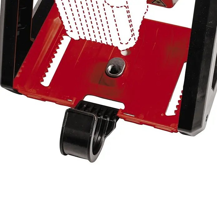 Einhell Power X-Change 18V LED-Akkustrahler TE-CL 18/2000 LiAC-Solo - 18 V, Ohne Akku, 2.000 lm - Nahaufnahme der roten Basis eines Geräts mit einer schwarzen Halterung und einem Gewindeanschluss. Ideal für Werkstattprojekte.