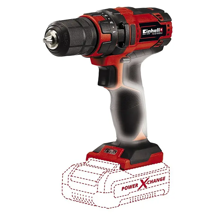 Einhell PXC 18V Taladro atornillador de batería TC-CD 18/35 Li-Solo - 18 V, Sin batería, 35 Nm - Imagen de un taladro atornillador inalámbrico Einhell TC-CD 18/35 Li con cuerpo rojo y portabrocas negro, ideal para proyectos de bricolaje.