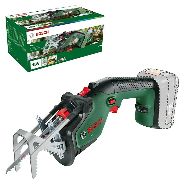 Bosch Power for All 18V Gartensäge Keo - 18 V, Li-Ionen, Ohne Akku - Das Bild zeigt die Bosch Keo Akku-Gartensäge mit Schneidbügel, ideal für müheloses Schneiden von Ästen im Garten, inklusive Verpackung.