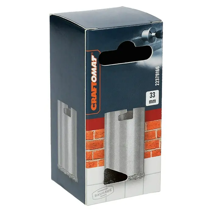 Craftomat Lochsäge - Durchmesser Bohrer: 33 mm - Abbildung einer CRAFTOMAT 33mm Bohrkrone in einer Produktverpackung mit Ziegelsteinmuster und dem Bauhaus-Logo.