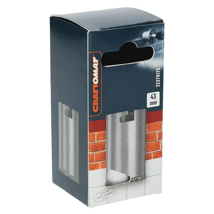 Craftomat Lochsäge - Durchmesser Bohrer: 43 mm - Verpackung einer Craftomat-Lochsäge mit 43 mm Durchmesser für präzise Bohrungen in Fliesen und Stein. Ideal für Heimwerker und Profis.