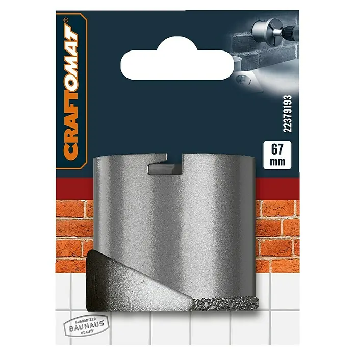 Craftomat Lochsäge - Durchmesser Bohrer: 67 mm - Produktverpackung einer 67mm Craftomat Lochsäge zum Bohren von Löchern in Mauerwerk und Fliesen.