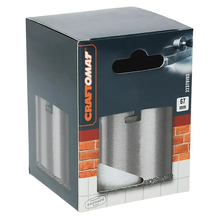 Craftomat Lochsäge - Durchmesser Bohrer: 67 mm - Produktverpackung einer CRAFTOMAT Diamant-Bohrkrone mit 67 mm Durchmesser, ideal für präzise Bohrungen in harten Materialien.