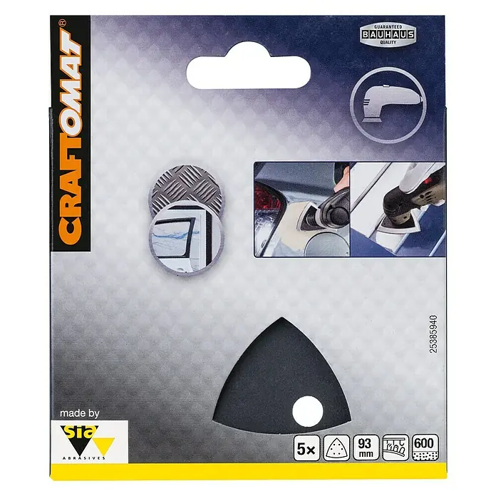 Craftomat Papel de lija Delta - An x L: 93 x 93 mm, Grano: 600 mm, 5 ud., Metal - Imagen de un paquete de papel de lija CRAFTOMAT con hojas triangulares de grano 600, para usar con máquinas de lijar.