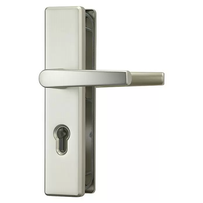 Abus Schutzbeschlag KLS114 - Einsatzbereich: Wohnungsabschlusstür, Stärke Tür: 37 mm - 47 mm, Neusilber F2, Drücker beidseitig - Diagonale Ansicht