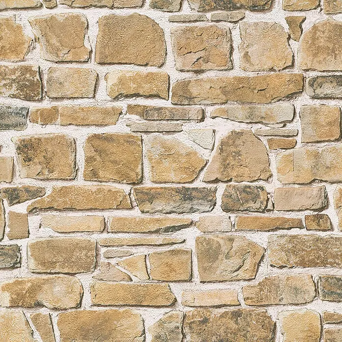 Rasch Papiertapete - Beige/Creme, Steinoptik, 10,05 x 0,53 m - Nahaufnahme einer Wand mit dekorativem Steinmuster, ideal für Akzentwände oder rustikale Raumgestaltung.