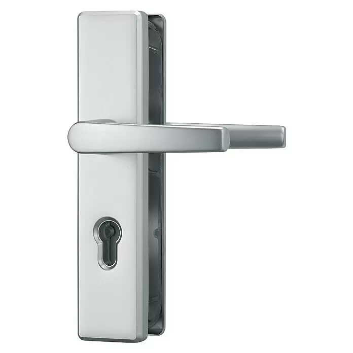 Abus Schutzbeschlag KLS114 - Einsatzbereich: Wohnungsabschlusstür, Stärke Tür: 37 mm - 47 mm, Aluminium F1, Drücker beidseitig - Diagonale Ansicht