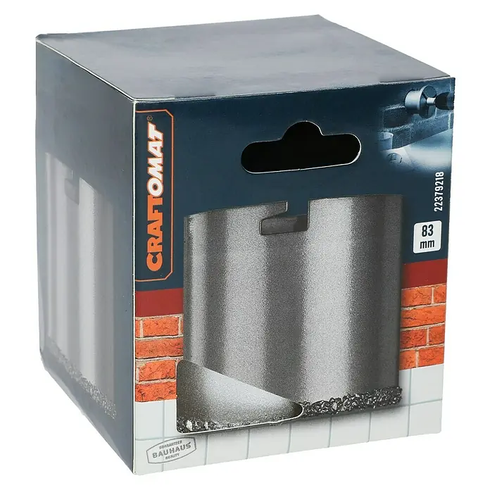 Craftomat Lochsäge - Durchmesser Bohrer: 83 mm - Die Verpackung einer Craftomat Bohrkrone mit einem Durchmesser von 83 mm. Das Produkt ist für den Einsatz in harten Materialien wie Stein gedacht.