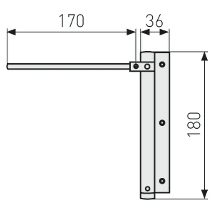 Abus Türschließer TS40 AL - Silber, Geeignet für: Zimmertüren - Detailaufnahme eines Regalträgers mit den Maßen 170 mm Tiefe und 180 mm Höhe, sowie 36 mm Wandabstand.