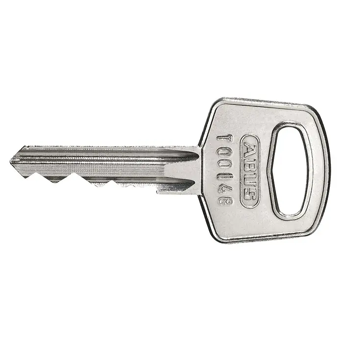 Abus Vorhängeschloss Lock-Tag 72/40 Gleichschließend - Bügelstärke: 6,5 mm, Sicherheitsstufe: 6, Blau - Silberner ABUS Schlüssel mit gezacktem Bart und dem Schriftzug "ABUS 100148" für Sicherheit und Schutz.