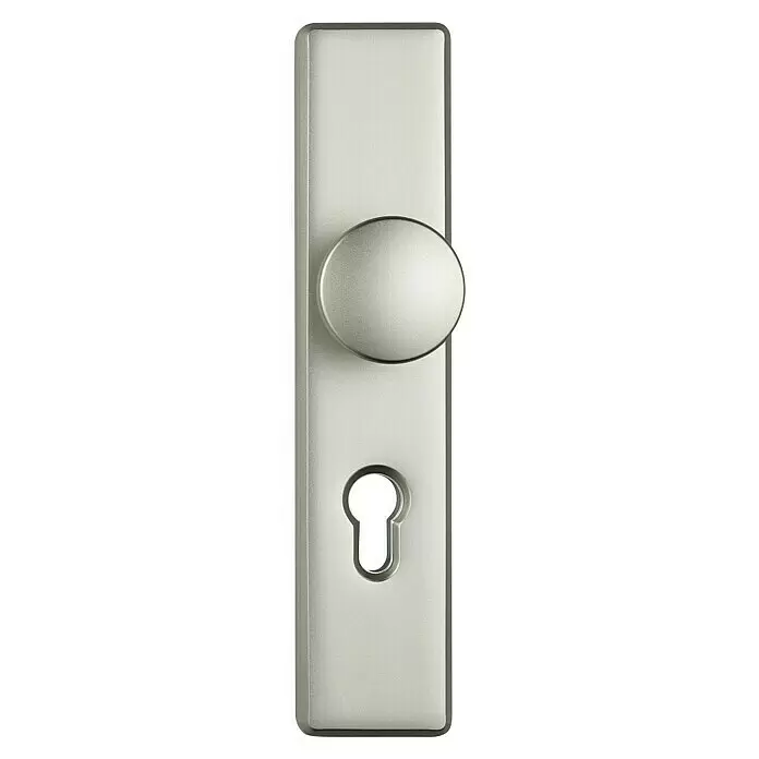 Abus Schutzbeschlag KLS114 - Einsatzbereich: Wohnungsabschlusstür, Stärke Tür: 37 mm - 47 mm, Neusilber F2, Knopf außen, Drücker innen - Gebürstete Metalltürplatte mit Knopf und Schlüsselloch.