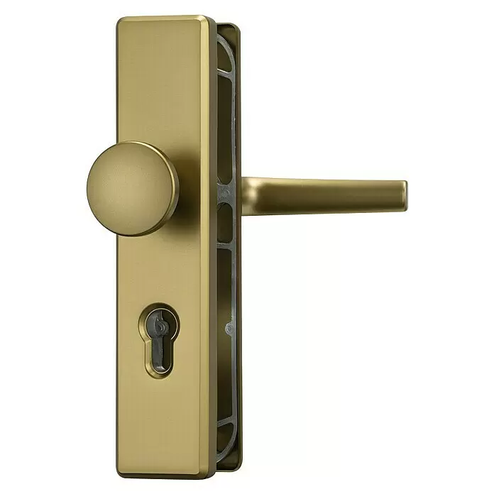 Abus Schutzbeschlag KLS114 - Einsatzbereich: Wohnungsabschlusstür, Stärke Tür: 37 mm - 47 mm, F4 Bronze, Knopf außen, Drücker innen - Diagonale Ansicht