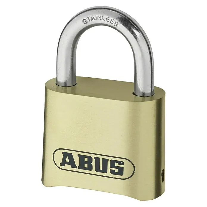 Abus Vorhängezahlenschloss Lock-Tag 180IB/50 - Bügelstärke: 8 mm, Sicherheitsstufe: 5 - Nahaufnahme eines ABUS-Vorhängeschlosses aus Messing mit Edelstahlbügel. Solides Sicherheitsschloss für den täglichen Gebrauch.