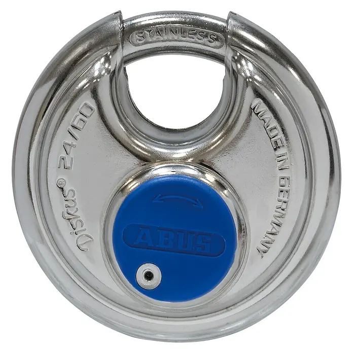 Abus Diskusschloss Lock-Tag 24IB/60 - B x H: 60 x 60 mm, Bügelstärke: 8 mm, Sicherheitsstufe: 7 - Ein glänzendes ABUS Diskus 24/60 Vorhängeschloss aus Edelstahl mit blauem Zylinder, ideal für den sicheren Außeneinsatz.
