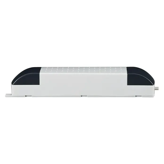 Paulmann Transformator Profi - 105 VA, 230 V, Weiß - Nahaufnahme eines weißen, rechteckigen LED-Treibers mit abgerundeten, schwarzen Enden und einem perforierten Oberteil.