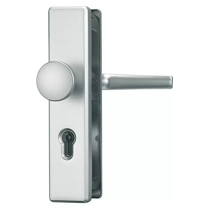 Abus Schutzbeschlag KLS114 - Einsatzbereich: Wohnungsabschlusstür, Stärke Tür: 37 mm - 47 mm, Aluminium F1, Knopf außen, Drücker innen - Diagonale Ansicht