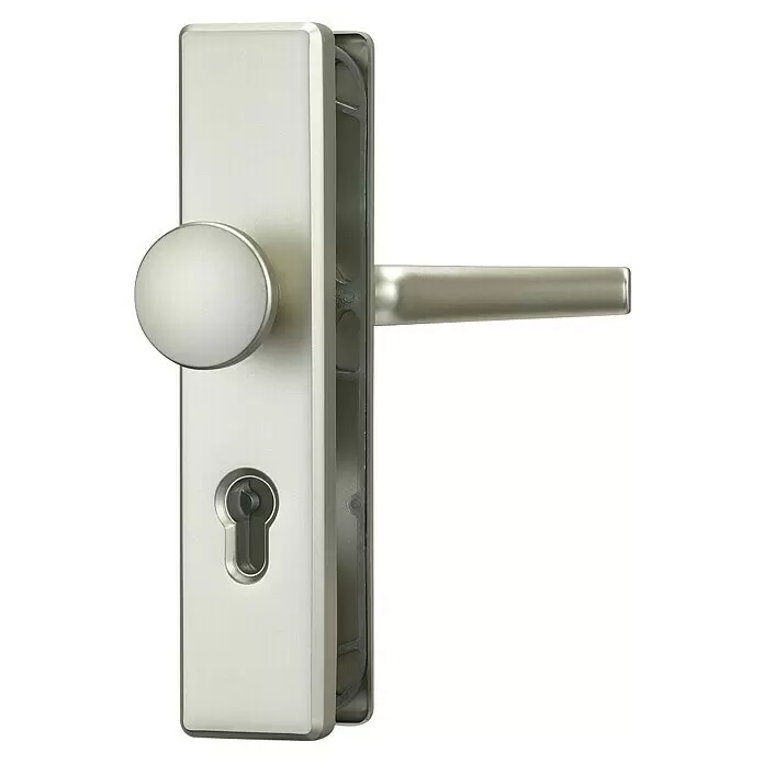 Abus Schutzbeschlag KLS114 - Einsatzbereich: Wohnungsabschlusstür, Stärke Tür: 37 mm - 47 mm, Neusilber F2, Knopf außen, Drücker innen - Gebürstetes, silbergraues Türbeschlagset mit rundem Knauf, Türdrücker und Schlüsselloch auf einer rechteckigen Rosette.