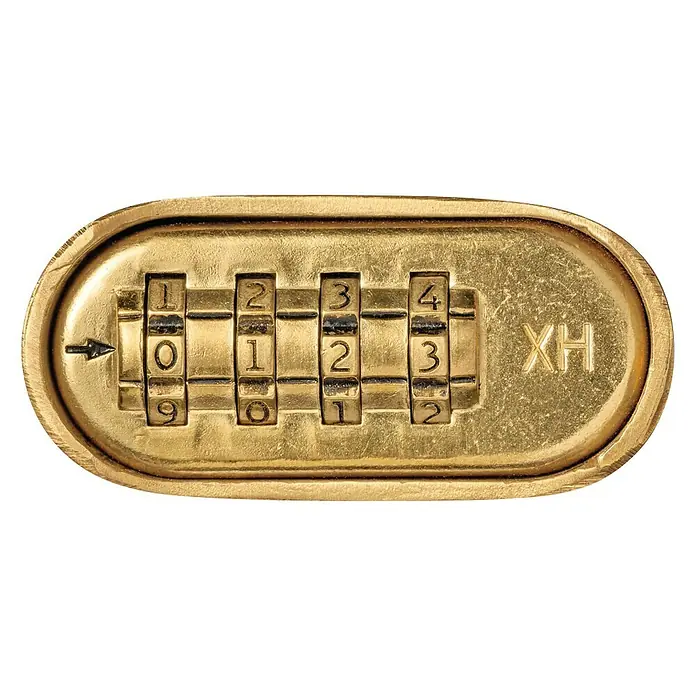 Abus Vorhängezahlenschloss Lock-Tag 180IB/50 - Bügelstärke: 8 mm, Sicherheitsstufe: 5 - Nahaufnahme eines goldenen Zahlenschlosses mit der Kombination 0123.