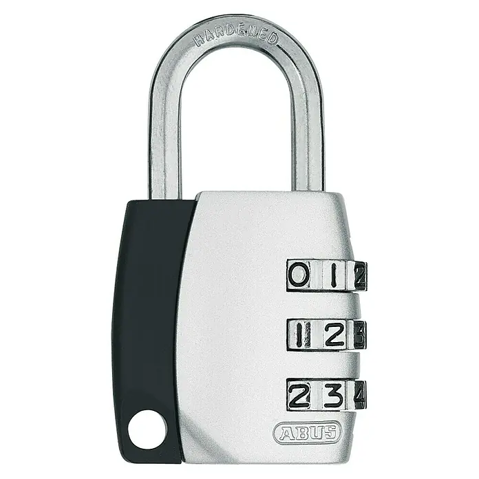 Abus Vorhängezahlenschloss - Breite: 34 mm, Bügelstärke: 5 mm, Sicherheitsstufe: Grad 3 - Abus Zahlenschloss mit einem Bügel mit der Aufschrift "HARDENED" und drei Zahlenscheiben.
