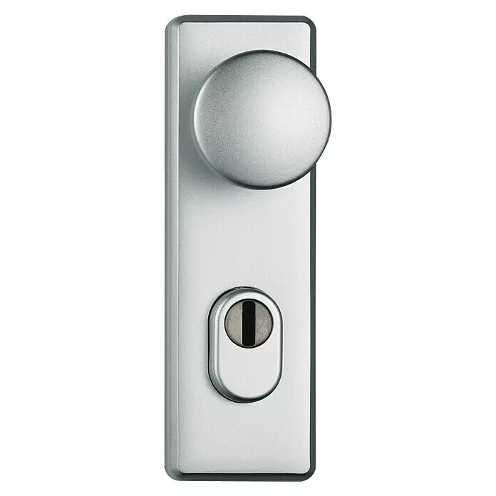 Abus Schutz-Wechselgarnitur KKZS700 - Stärke Tür: 37 mm - 47 mm, Aluminium, F1 Silber, Knopf außen, Drücker innen - Vorderansicht