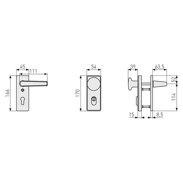Abus Schutz-Wechselgarnitur KKZS700 - Stärke Tür: 37 mm - 47 mm, Aluminium, F1 Silber, Knopf außen, Drücker innen - Skizze