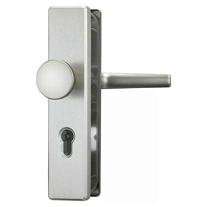 Abus Schutzbeschlag KLS114 - Einsatzbereich: Wohnungsabschlusstür, Stärke Tür: 37 mm - 47 mm, F9 Titan, Knopf außen, Drücker innen - Diagonale Ansicht