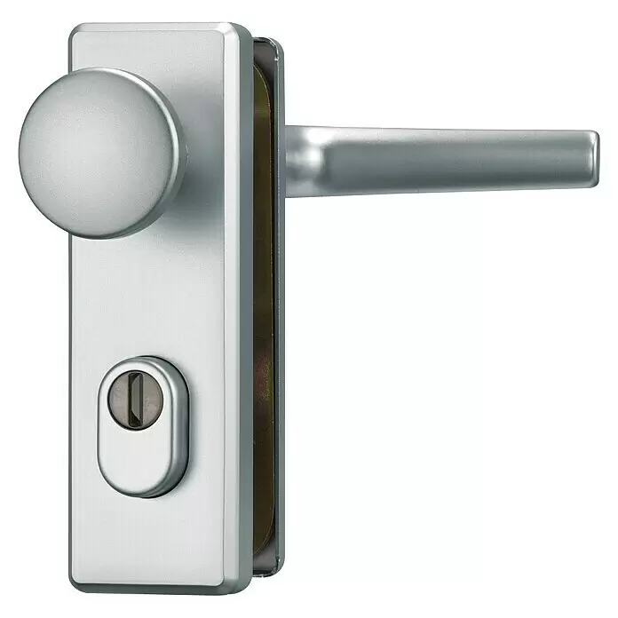 Abus Schutz-Wechselgarnitur KKZS700 - Stärke Tür: 37 mm - 47 mm, Aluminium, F1 Silber, Knopf außen, Drücker innen - Diagonale Ansicht
