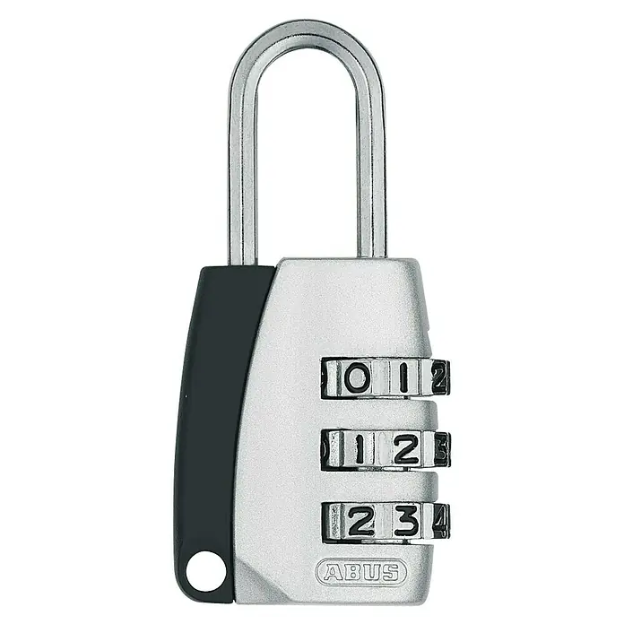 Abus Vorhängezahlenschloss - Breite: 25 mm, Bügelstärke: 3 mm, Sicherheitsstufe: Grad 3 - Nahaufnahme eines ABUS Zahlenschlosses mit einem dreistelligen Zahlencode und einem silbernen Bügel.