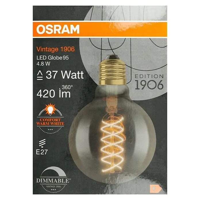 Osram LED-Lampe Vintage Edition 1906 Globe-Form E27 - Durchmesser: 9,5 cm, E27, Dimmbar, Warmweiß, 420 lm, 4,8 W - Osram Vintage 1906 LED Globus 95 Lampe mit 4,8 W, entspricht 37 Watt, 420 lm, warmweißes Licht, dimmbar, Sockel E27.