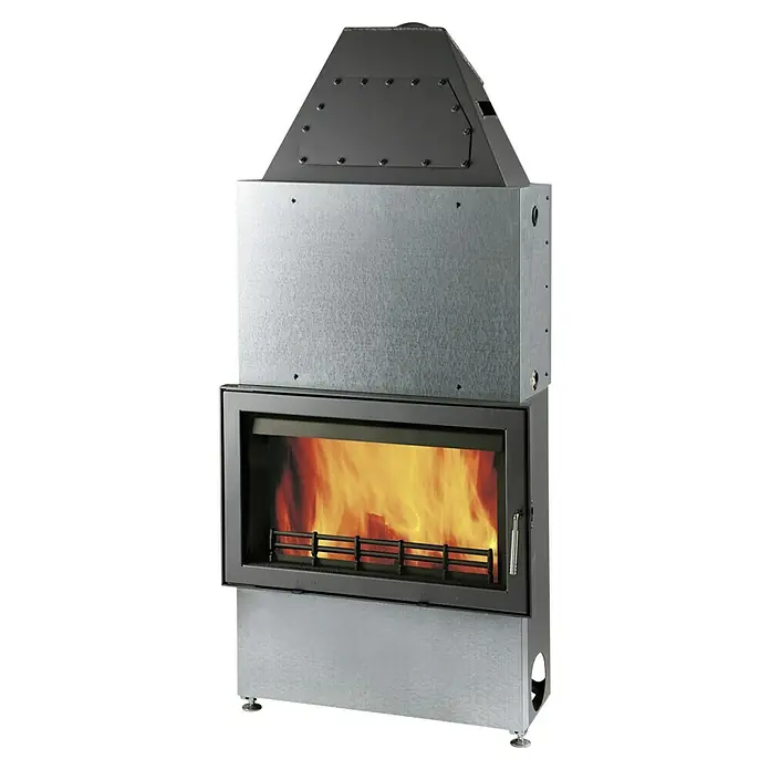 Haas+Sohn Wasserführender Kamineinsatz Aqua 187.9-WT - Grau - Kaminofen mit Glasfront und Feuer, umgeben von Metallverkleidung. Der Ofen ist modern und bietet eine angenehme Wärme.