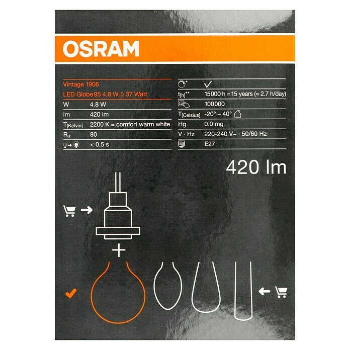 Osram LED-Lampe Vintage Edition 1906 Globe-Form E27 (Durchmesser: 9,5 cm, E27, Dimmbar, Warmweiß, 420 lm, 4,8 W) | BAUHAUS